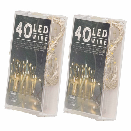Set van 2x stuks draadverlichting lichtsnoeren met 40 lampjes warm wit op batterij 420 cm