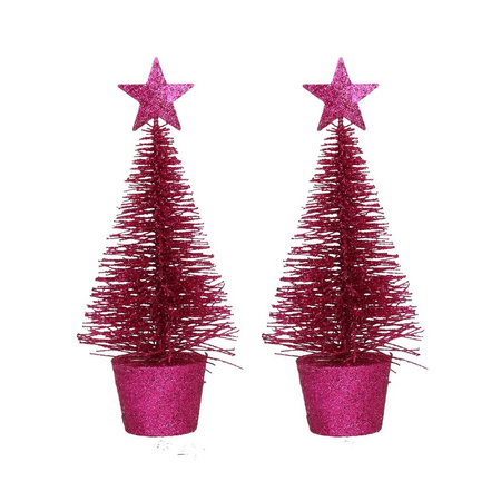 Set van 2x stuks glitter mini kerstboompjes fuchsia roze