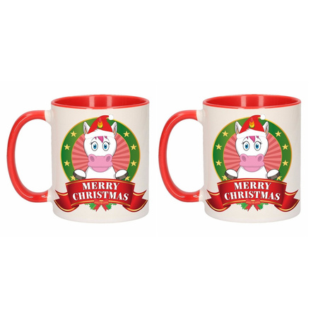Set of 2x pieces christmas mugs with unicorn print 300 ml