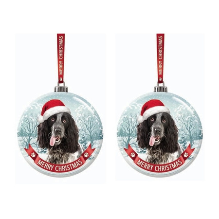Set van 2x stuks fout kerstkado dieren kerstbal 7 cm hond Engelse Cocker Spaniel zwart/wit