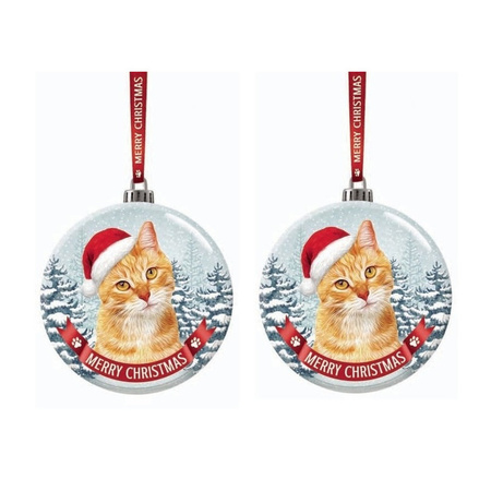 Set of 2x pieces christmas tree decoration glass bauble red cat 7 cm