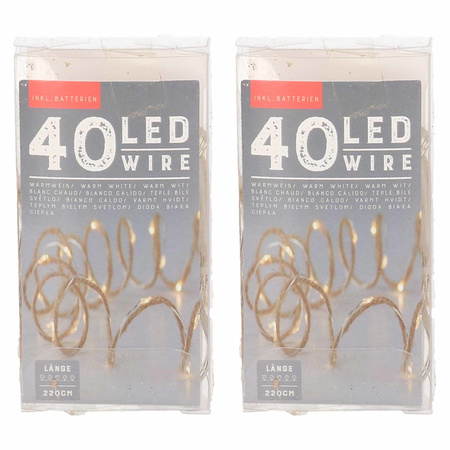 Set van 2x stuks touwverlichting jute op batterijen met 40 lampjes warm wit 220 cm
