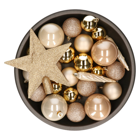 kiezen Spaans Dankbaar Set van 33x stuks kunststof kerstballen met ster piek goud/champagne/bruin  mix bij kerst-artikelen.nl.