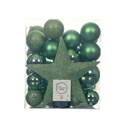 Set van 33x stuks kunststof kerstballen met ster piek groen mix