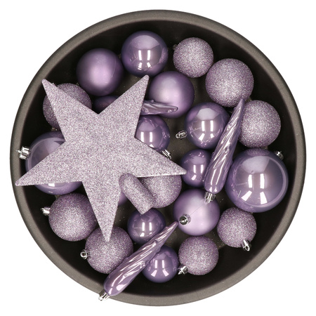 Set van 33x stuks kunststof kerstballen met ster piek heide lila paars mix