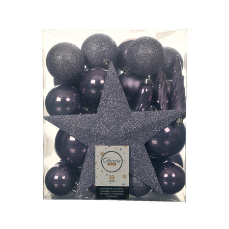 Set van 33x stuks kunststof kerstballen met ster piek heide lila paars mix