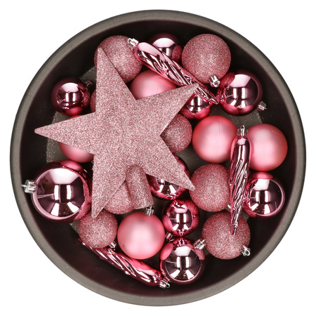 Set van 33x stuks kunststof kerstballen met ster piek lippenstift roze mix