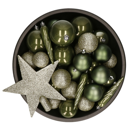 Set van 33x stuks kunststof kerstballen met ster piek mos groen mix