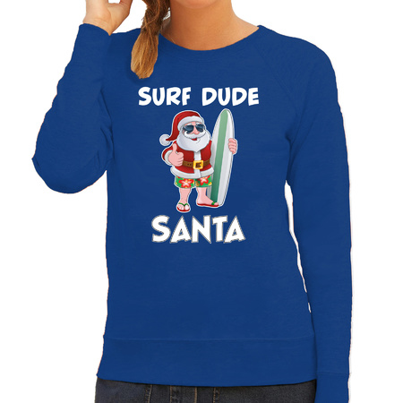 Surf dude Santa fun Christmas sweater blue for women
