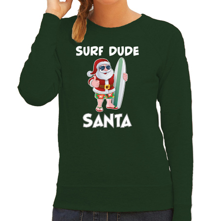 Surf dude Santa fun Christmas sweater green for women