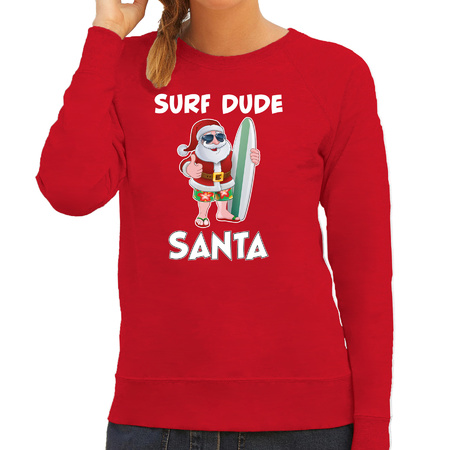 Surf dude Santa fun Christmas sweater red for women