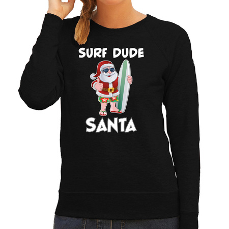 Surf dude Santa fun Christmas sweater black for women