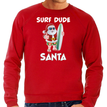 Surf dude Santa fun Christmas sweater red for men