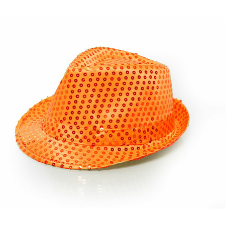 Trilby verkleed hoed met pailletten - oranje - glitters - volwassenen - Koningsdag