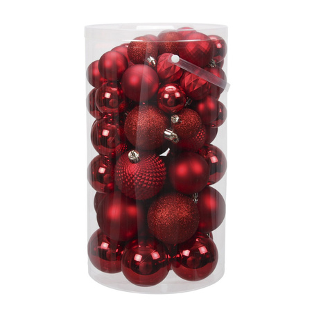 Tube 60x rode kunststof kerstballen 4 -7 cm glans/mat/bewerkt
