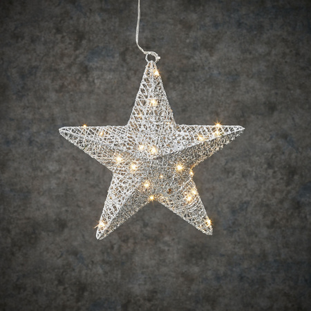 Silver decoration star with 30 warm white LED lights 30 cm