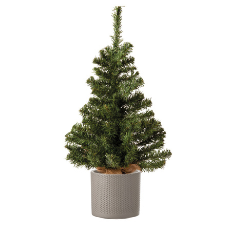 Volle mini kerstboom groen in jute zak 60 cm inclusief taupe pot
