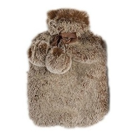 Warm water bottle with terra brown fake fur cover