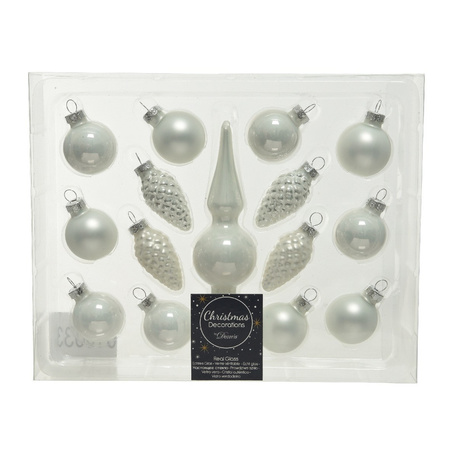 Winter witte glazen kerstballen 3 cm en piek set voor mini kerstboom 15-dlg