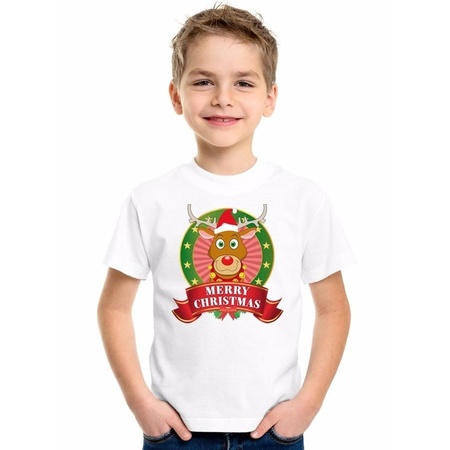 Wit Kerst t-shirt voor kinderen met een rendier