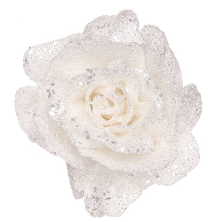 White roses with glitter on clips 10 cm