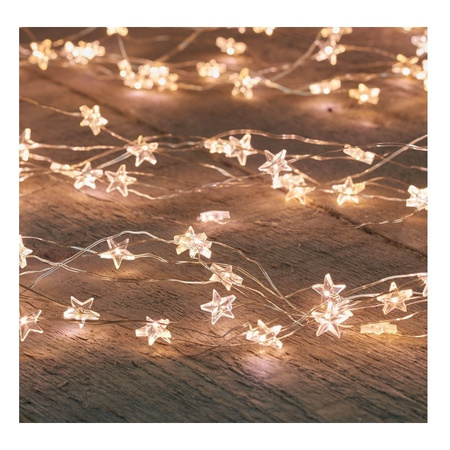 Zilveren kerstverlichting sterren met timer warm wit 2 meter
