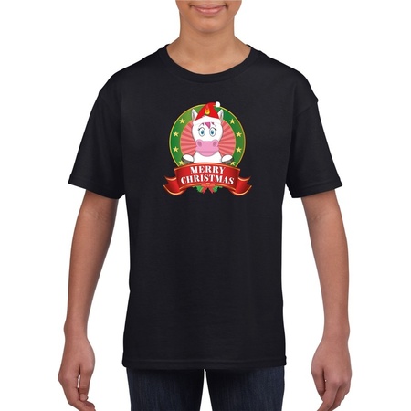 Zwart Kerst t-shirt voor kinderen met een eenhoorn