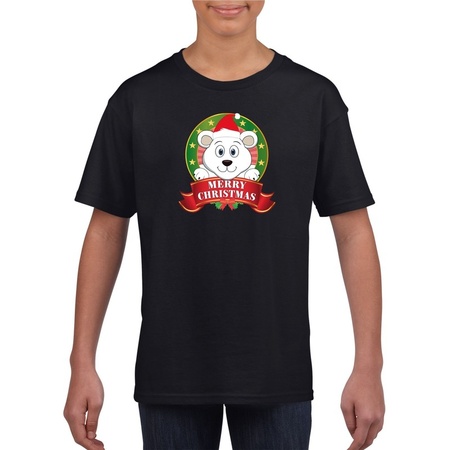 Zwart Kerst t-shirt voor kinderen met een ijsbeer